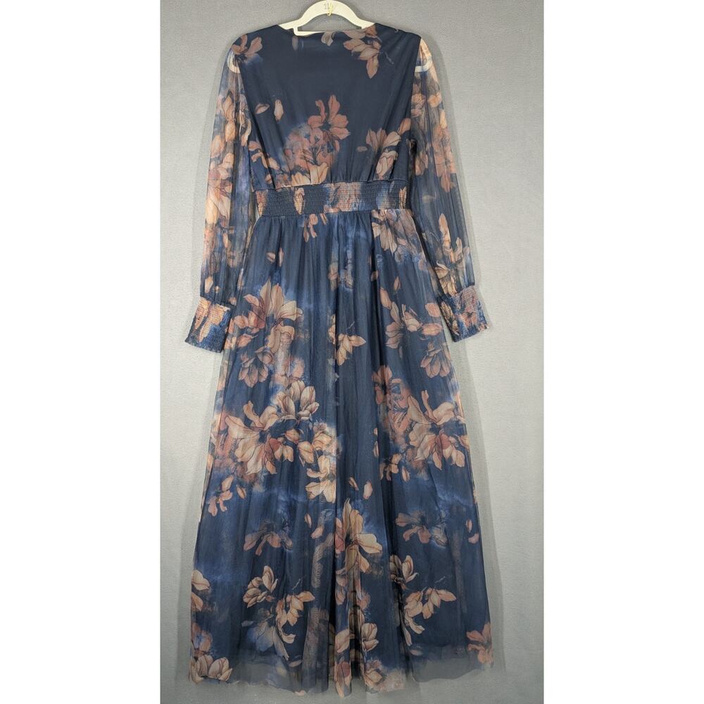Baltic Born Layla Tulle Maxi Dress In Dark Blue Floral Size Medium Semi Sheer - Picture 7 of 10